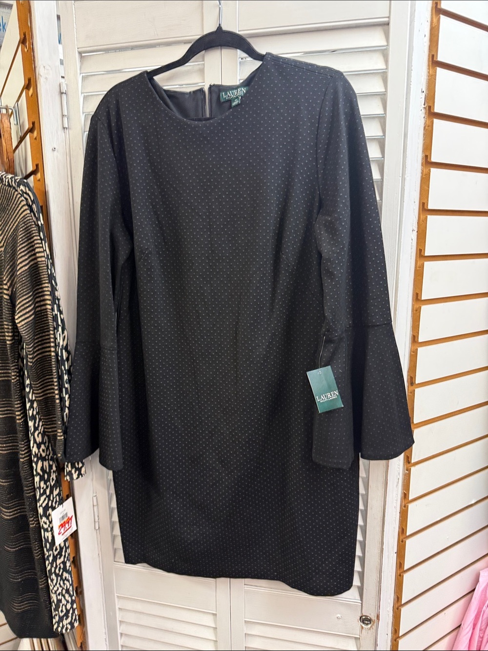 Lauren Ralph Lauren Black Long Sleeve Shift Dress with Subtle Dot Texture